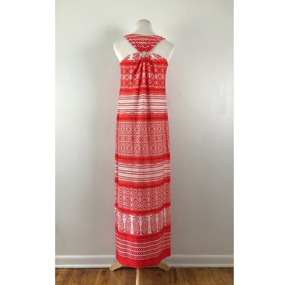 EMMA & MICHELE Maxi Dress Size Medium Red White Print Cut Out Back Knit Summer - Picture 5 of 7